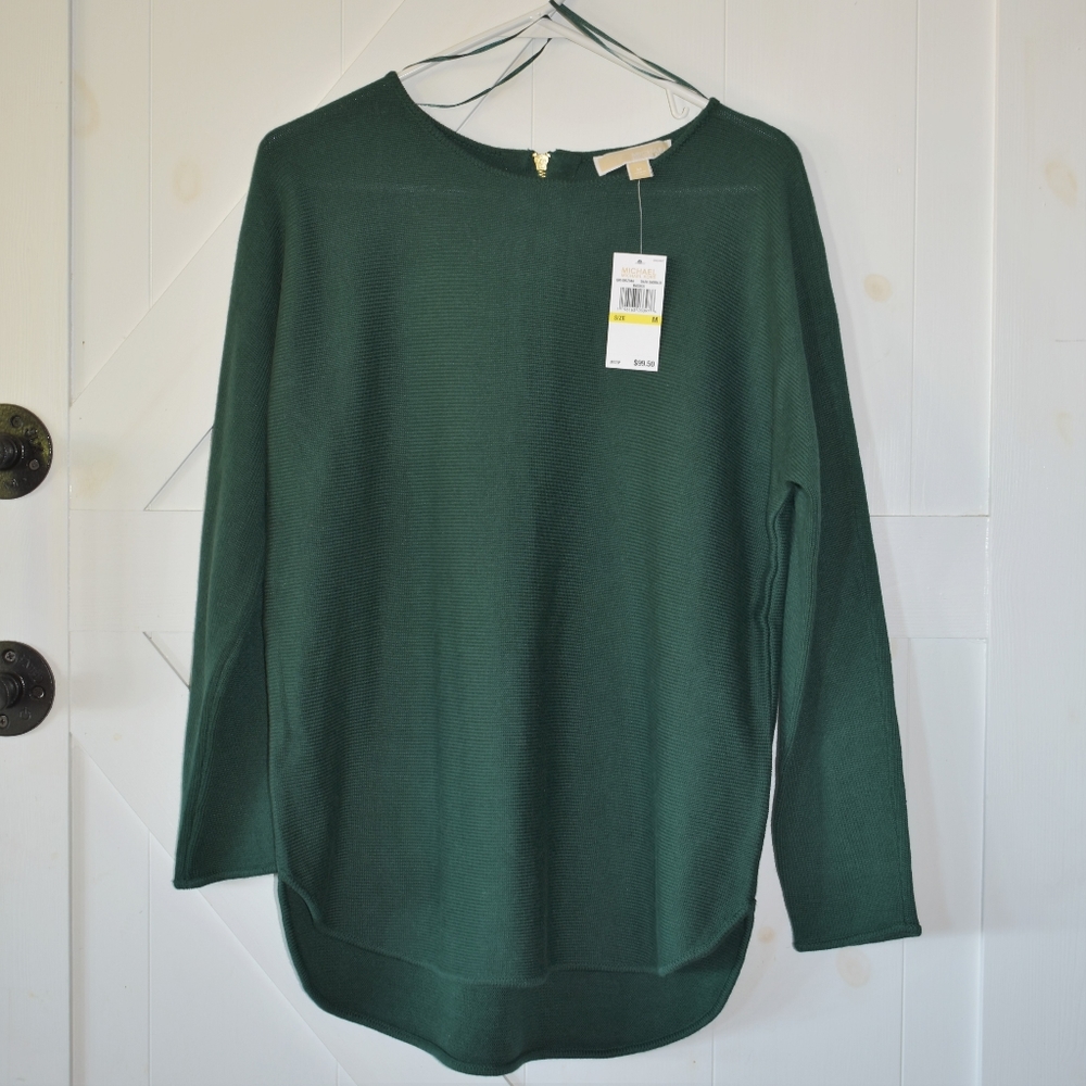 NWT Michael Kors sweater long sleeve scoop neck slight hi lo hem green gold zip - Picture 1 of 5